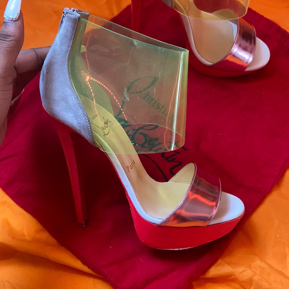 Christian Louboutin Red Platform Heels with Metallic Rose and Clear Ankle Cuff